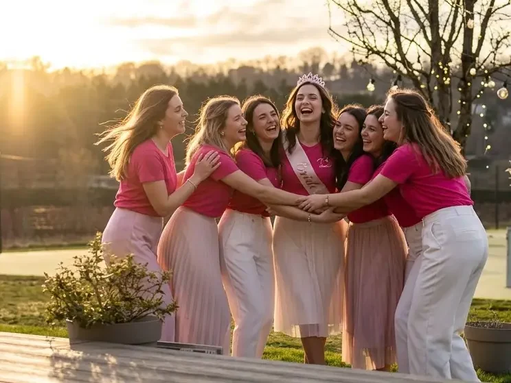 EVJF Deauville : groupe de copines complices entourent la future mariée couronnée d'une tiare, ambiance dorée